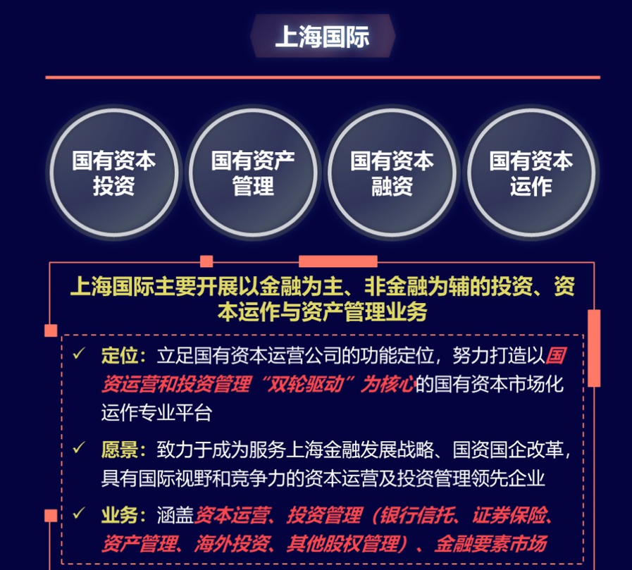 上海國(guó)際是立足于國(guó)有資本運(yùn)營(yíng)功能定位的專業(yè)金控平臺(tái)，主要開展國(guó)有資本投資、國(guó)有資產(chǎn)管理、國(guó)有資本融資和國(guó)有資本運(yùn)作等業(yè)務(wù)，致力于成為服務(wù)上海金融發(fā)展戰(zhàn)略的資本運(yùn)營(yíng)及投資管理領(lǐng)先企業(yè)。